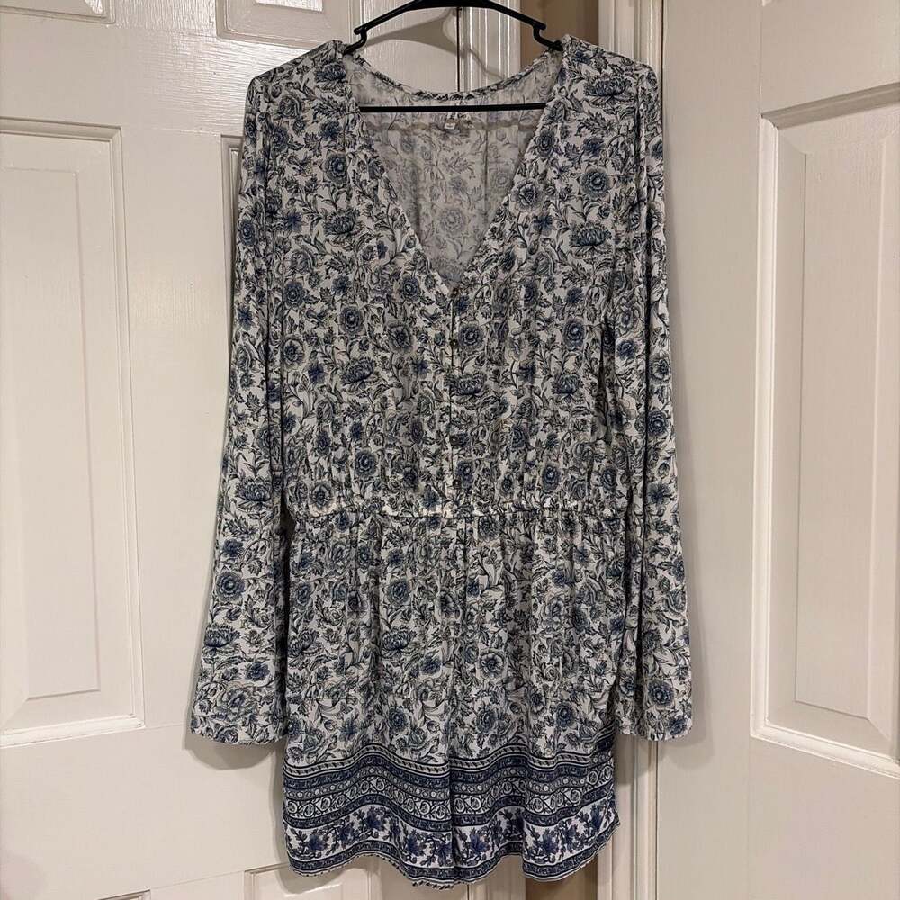 Mudd Women's Long Sleeve Floral Print Romper with Button Front